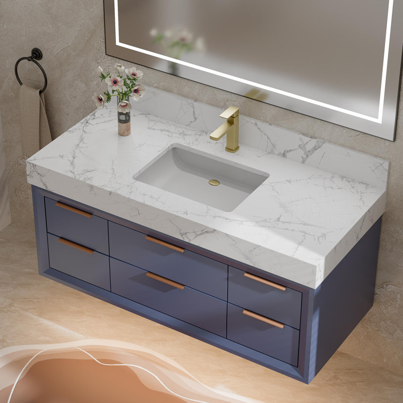 Meuble-lavabo mural 48 po, Or rose, Bleu