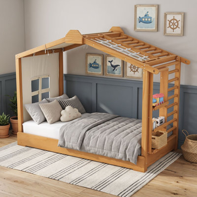 Lit simple en bois avec lit gigogne simple et tablettes latérales