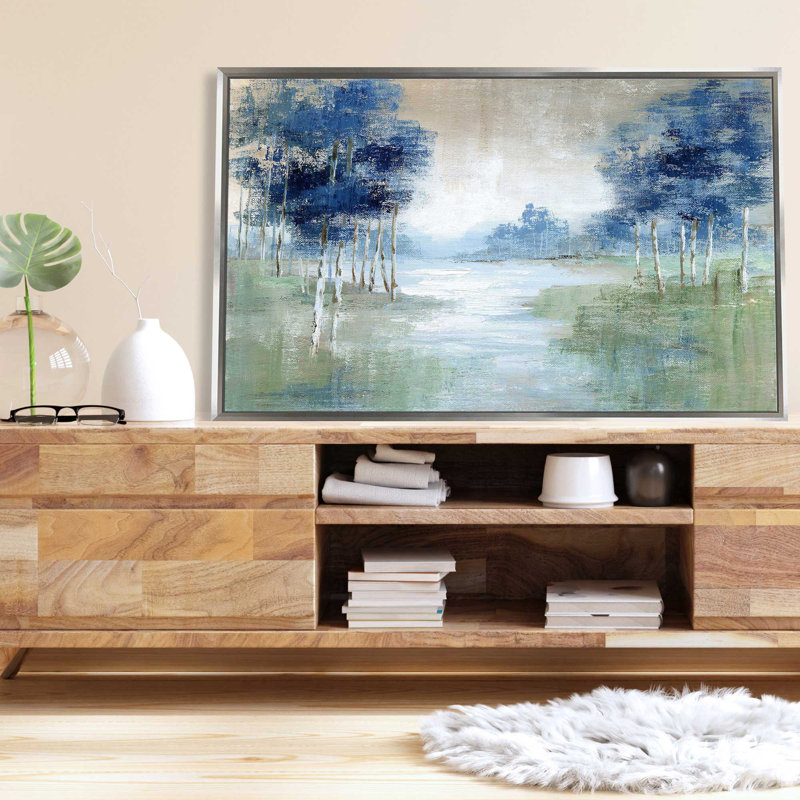 Birch River par Nan - Peinture, L 51,5 po x H 31,5 po, Encadrement argenté
