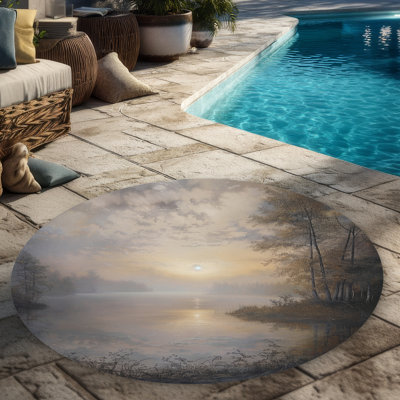 Misty Sun Black Round Outdoor Area Rug for Home Decor