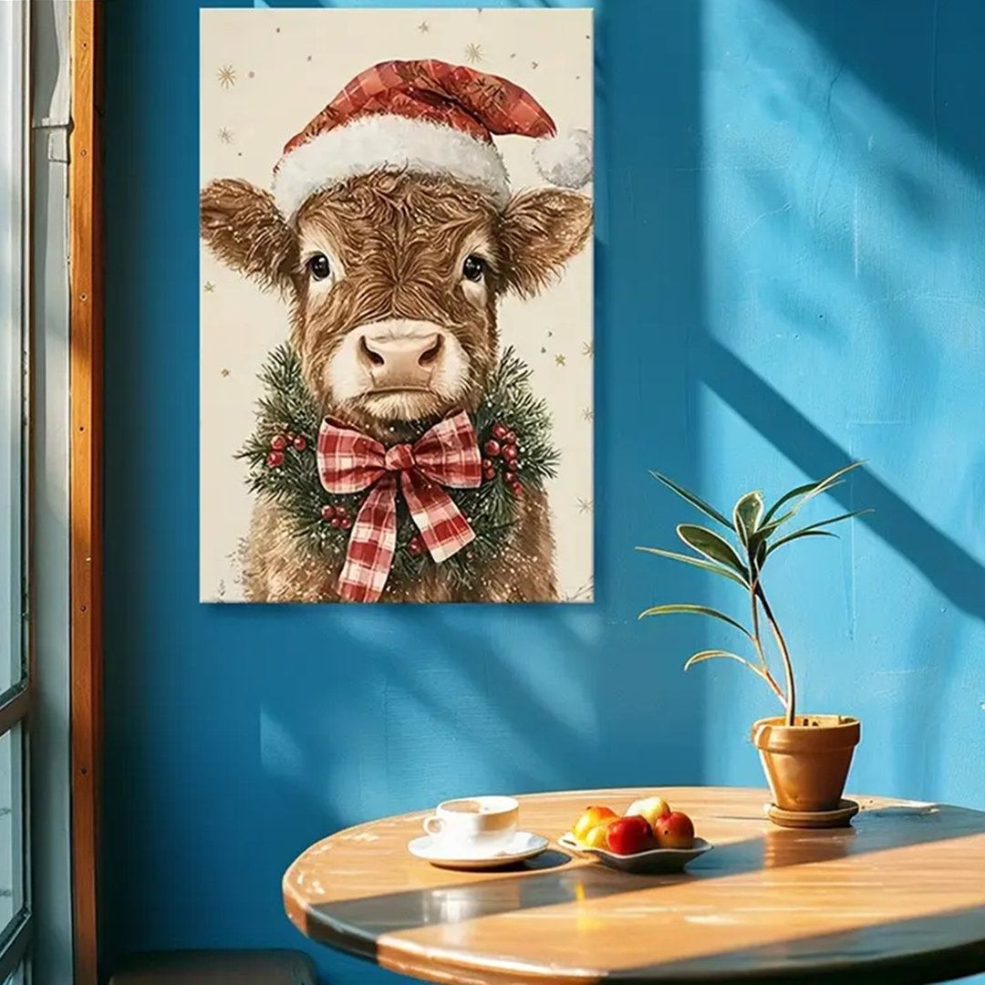 90*60,1Pc Christmas Cow Wall Art Print With Red Bow & Santa Hat - Scottish Highland Cow In Wood Frame.