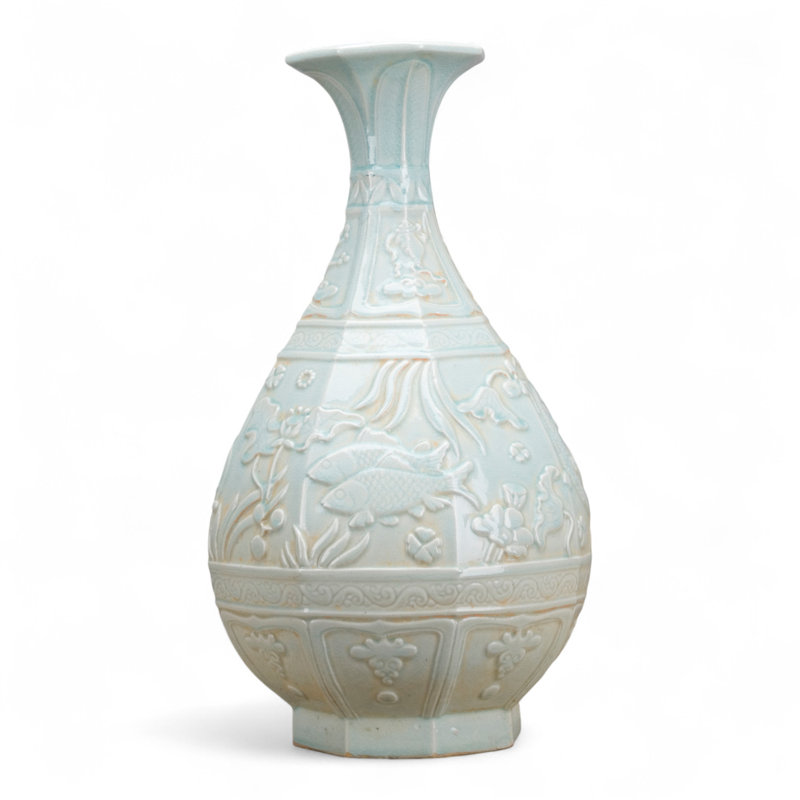 Carved Octagonal Porcelain Vase with Lotus and Fish Motif Celadon Glaze