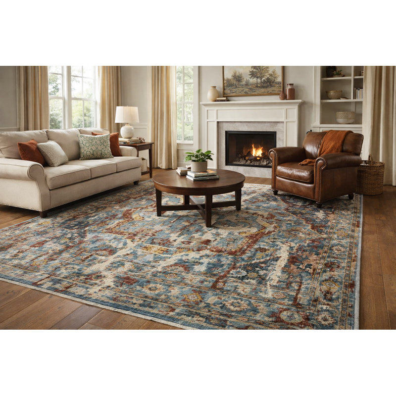Tapis bleu en laine noué à la main vieilli - Tapis oriental à médaillon d'inspiration rétro pour le salon et la chambre à coucher