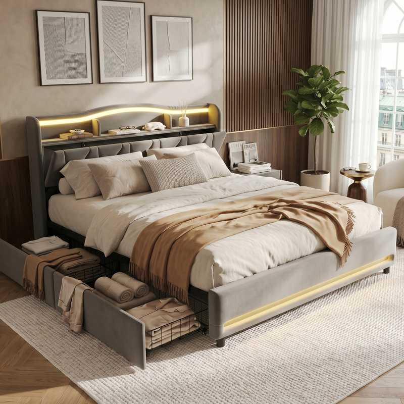 EU Double & Kingsize Velvet Storage Bed with App-Controlled RGB LED & USB C Charging, 4-Drawer Upholstered Platform Bed Frame with Storage Headboard, Beige/Grey, 140/160x200cm