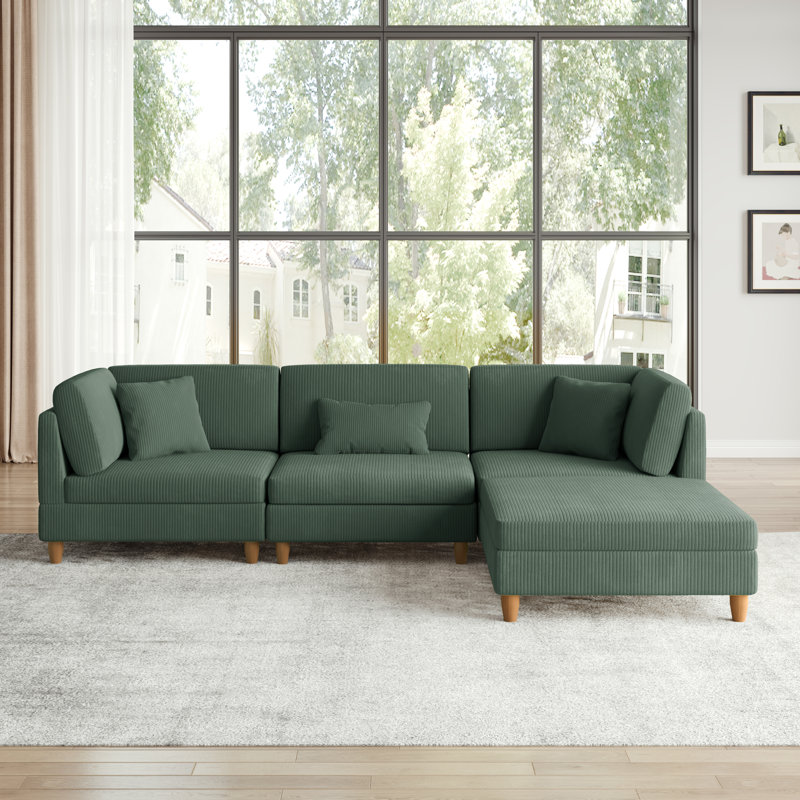 Seemab 4 - Piece Upholstered Hunter Green Corduroy Modular Sectional with Pillow Back and Removable Ottoman