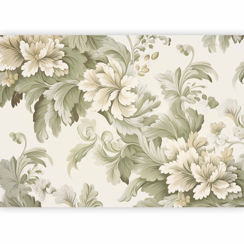 Papier peint floral - Fleurs rétro rétro crème, L 78 po x L 55 po