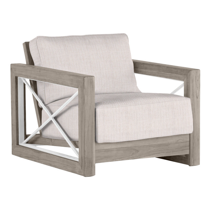 Malta Teak Outdoor Lounge Chair, Oyster Teak/Brushed Stainless, Welt + Standard fill, Linen Forest