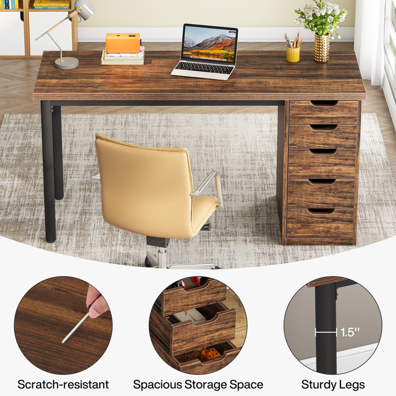 Briget 5-Drawer Computer Desk, Writing, Dressing Modern, Rustic Brown/Black