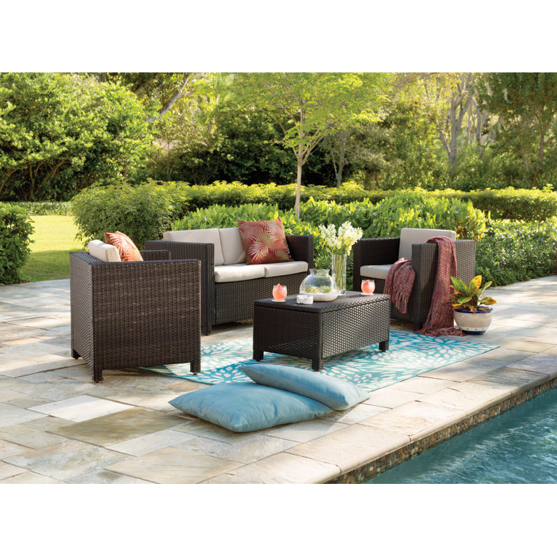 Mitchall 4 - Person Patio Conversation Set with Cushions, Dark Brown Frame/Beige Cushion