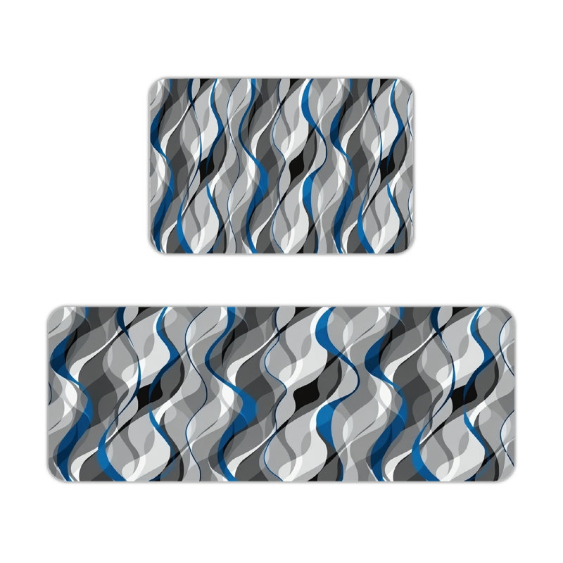 Blue Grey Transparent Wave Abstract Kitchen Rugs Set of 2, Modern Kitchen, Sunroom
