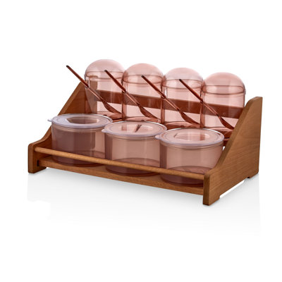 Ensemble de pots à épices et tablettes de cuisine, pots 100% plastique (4 x 9,8 oz et 3 x 13,5 oz), support en bois (13,2 x 7,9 x 6,7 po) | Sans BPA, va au lave-vaisselle | Parfait pour organiser les épices, finition brun clair, design élégant