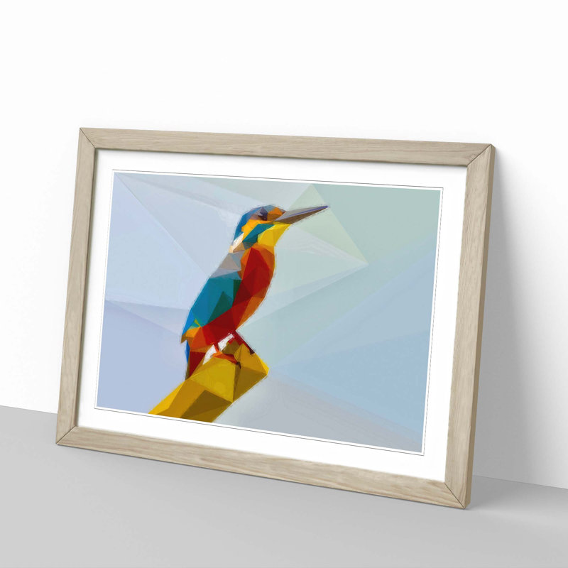 Geometric Kingfisher Bird in Abstract - Picture Frame Graphic Art Print, 62cm H x 87cm W x 2cm D, Oak Framed