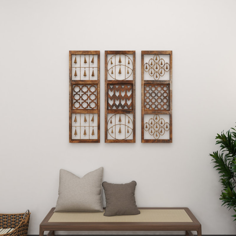 Brown Wood and Metal Bell Wall Decor Set of Three