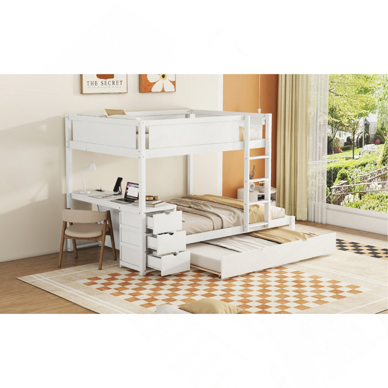 Lit simple superposé double avec lit gigogne, rangement et bureau, blanc, Blanc