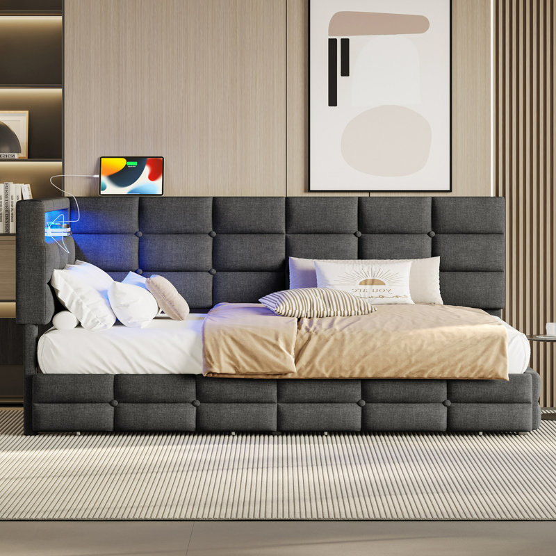 Daybed, Upholstered, With Storage 2 Drawers And Charging Station, Day Bed Frame With LED Lights And Storage Headboard, No Box-Spring Needed