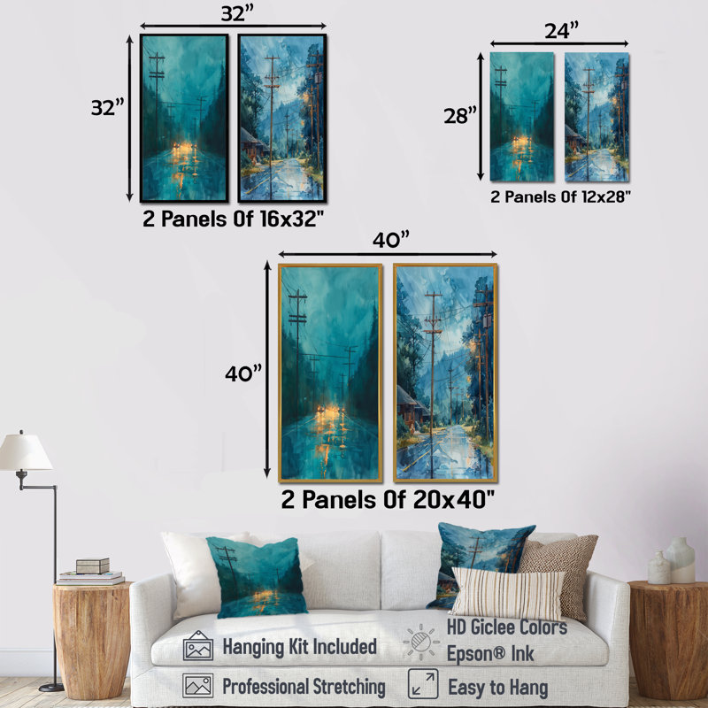 Bleu et jaune Energy Evolution Power Lines I - Ensemble de 2 pièces d'art mural Power Lines, H 40 po x l 40 po