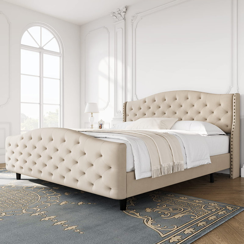 Structure de lit plateforme en velours avec base de lit et tête de lit tapissier, Beige, Très grand lit