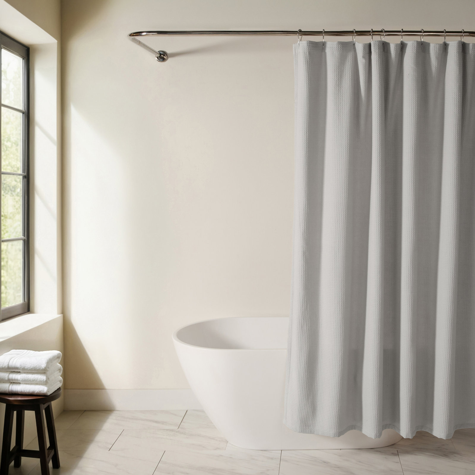 Waffle Textured Cotton Blend Shower Curtain, Gray