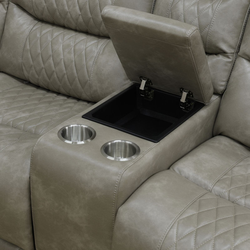 Ensemble de canapé modulaire inclinable 3 pièces en similicuir gris respirant avec canapé, coin, causeuse, console de rangement, porte-gobelets, ports USB et éclairage à DEL