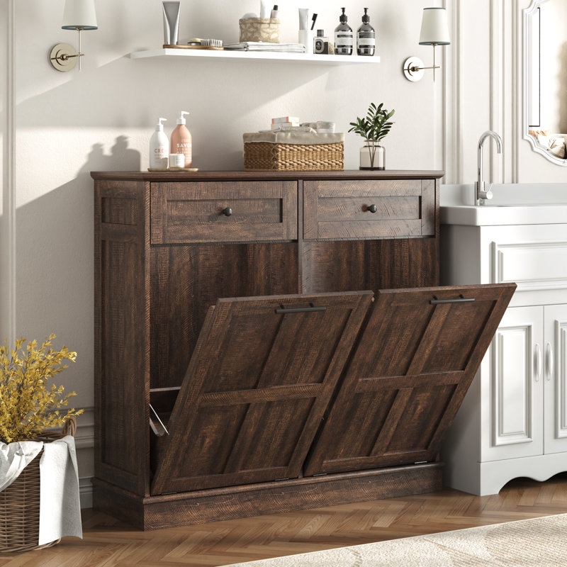 Armoire poubelle à double basculement double 26 gallons Wodden (sans inclure la poubelle) avec tiroir, Brun