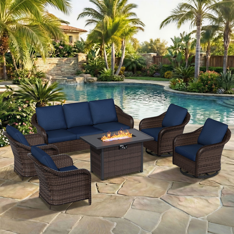 Alderwood 7-Person Outdoor Patio Conversation Rattan Seating Group With 50000BTU Fire Pit Table and Dark Blue Cushions