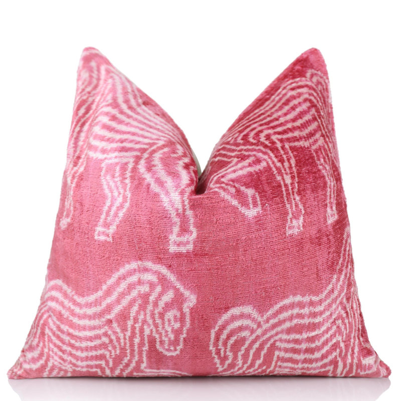 Coussin en velours rose et blanc zébré en soie - 20 x 20