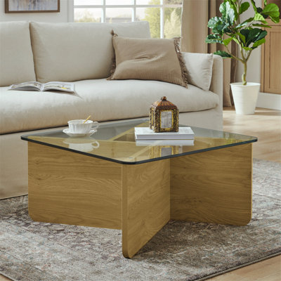 Table basse carrée unique de style Mid-Century moderne avec plateau en verre trempé, idéale pour le salon et la décoration de petits espaces