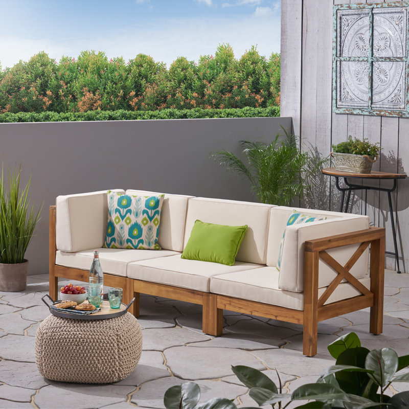 30.3'' Wide Wood Patio Sofa with Cushions, Teak Frame / Beige Cushion