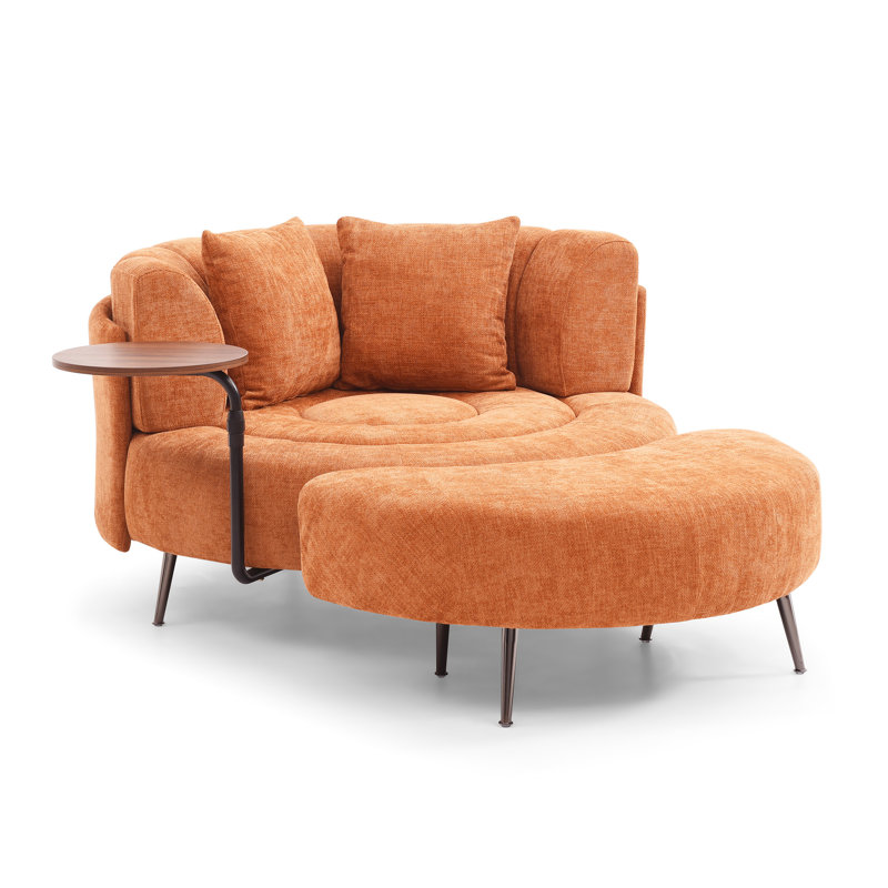 Très grande chaise ronde orange, charge de 450 livres, moelleux mi-ferme, rembourrage en fibre avec et petite table en métal, dossier rembourré, matériau chenille
