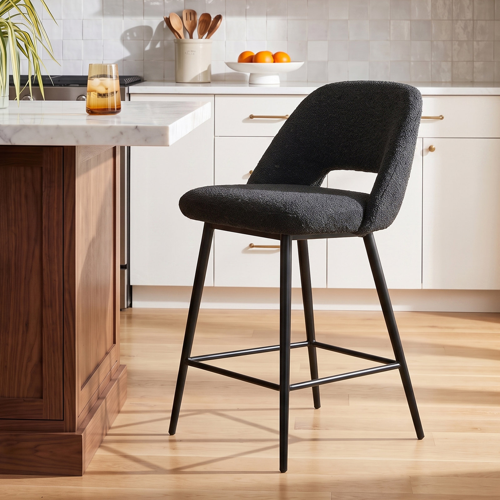 Valdez Bar Stool, Counter Height (23” Seat Height), Black Boucle