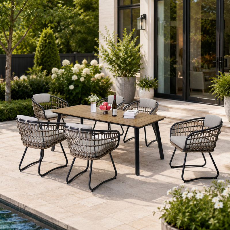 Ensemble repas d'extérieur en osier 7 pièces avec trou pour parasol 7 pièces