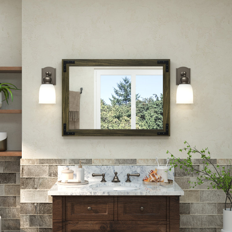 Gwenneth Rectangle Wood Mirror for Bathroom, Solid Pine Wood, 22" x 30", Black