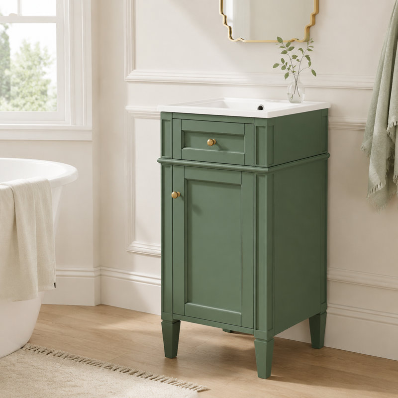 Meuble-lavabo autoportant de 41,7 cm (16,42 pouces) avec lavabo en céramique, style français, porte à fermeture douce et tablette réglable.