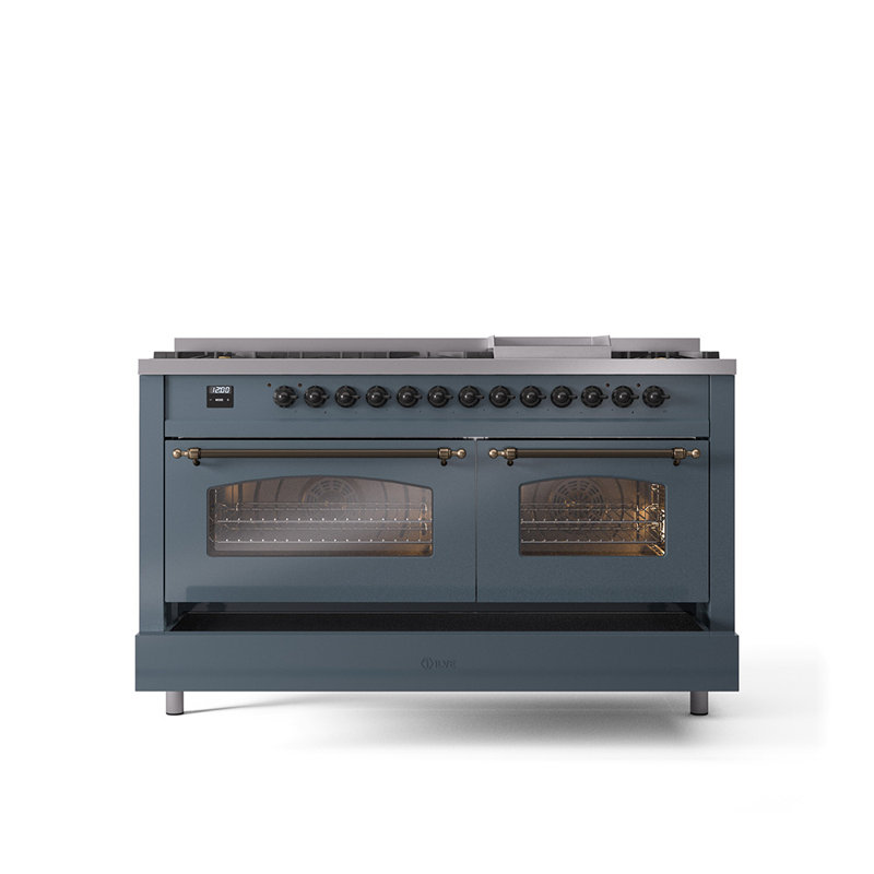 ILVE Nostalgie II 60 Dual Fuel Range, 9 Burners, Griddle, Blue/Gray/Bronze, Natural Gas