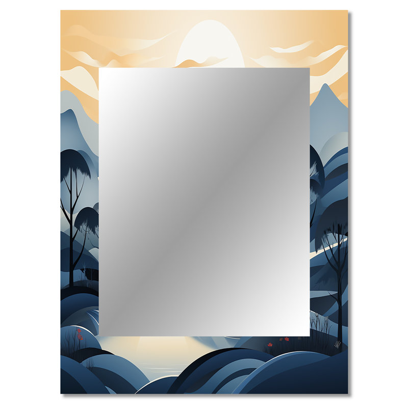 Blue Grey Line Art Landscape - Landscape Line Art Decorative Mirror, Navy Wall Mirror, Printed Metal Art, 40" x 30"