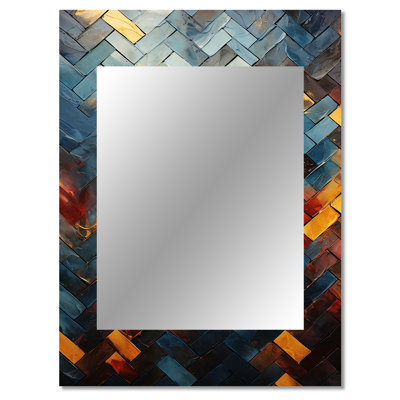 Yellow and blue abstract cubist tiles - Tile Decorative Wall Mirror, Yellow Large Mirror, Printed Metal Art