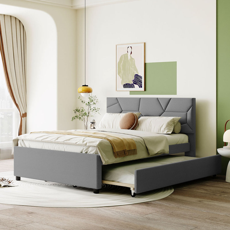 Kenn Linen Upholstered Bed with Trundle, Gray, Full