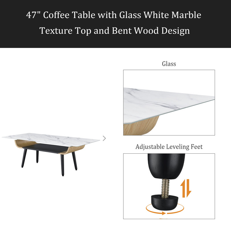 Table basse 47 po avec plateau en verre marbré et bois cintré, Blanc