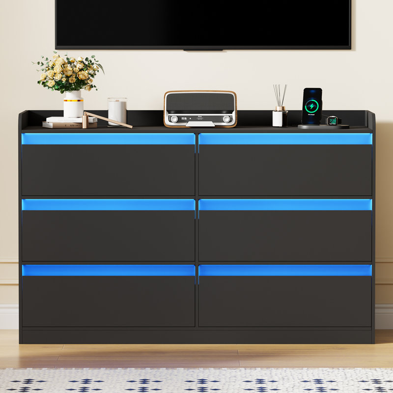 Adriel 6-Drawer 47.3" W Dresser with Power Outlet & LED Light, Black