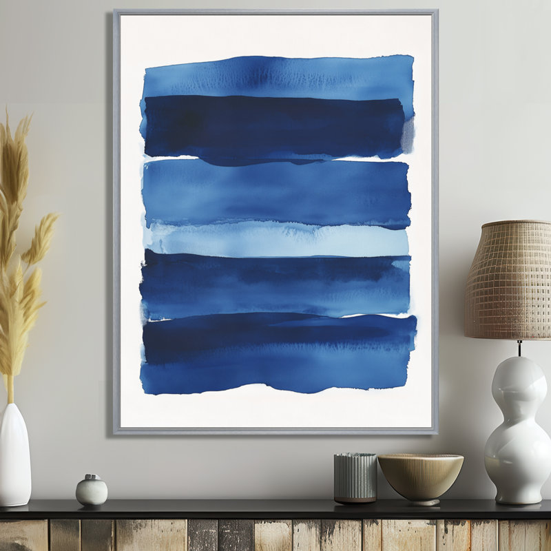 Toile bleu marine, horizon indigo, art abstrait indigo, H 32 po x l 24 po, Encadrement argenté