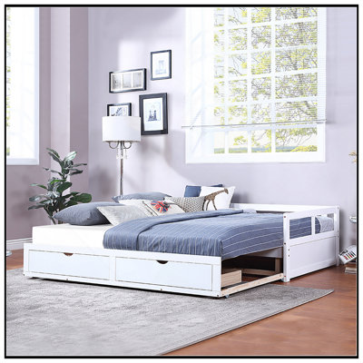 Lit de jour en bois robuste avec lit gigogne et rangement, extensible pour une utilisation polyvalente