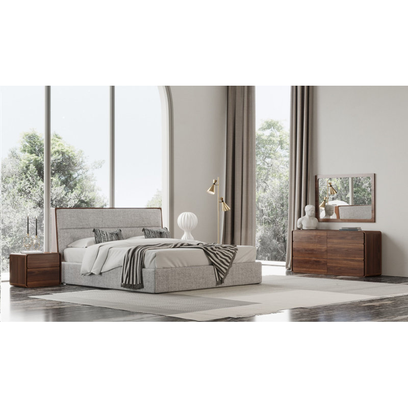 Ensemble de chambre à coucher Berkeley - Tissu gris moderne et garniture de noyer, Grand