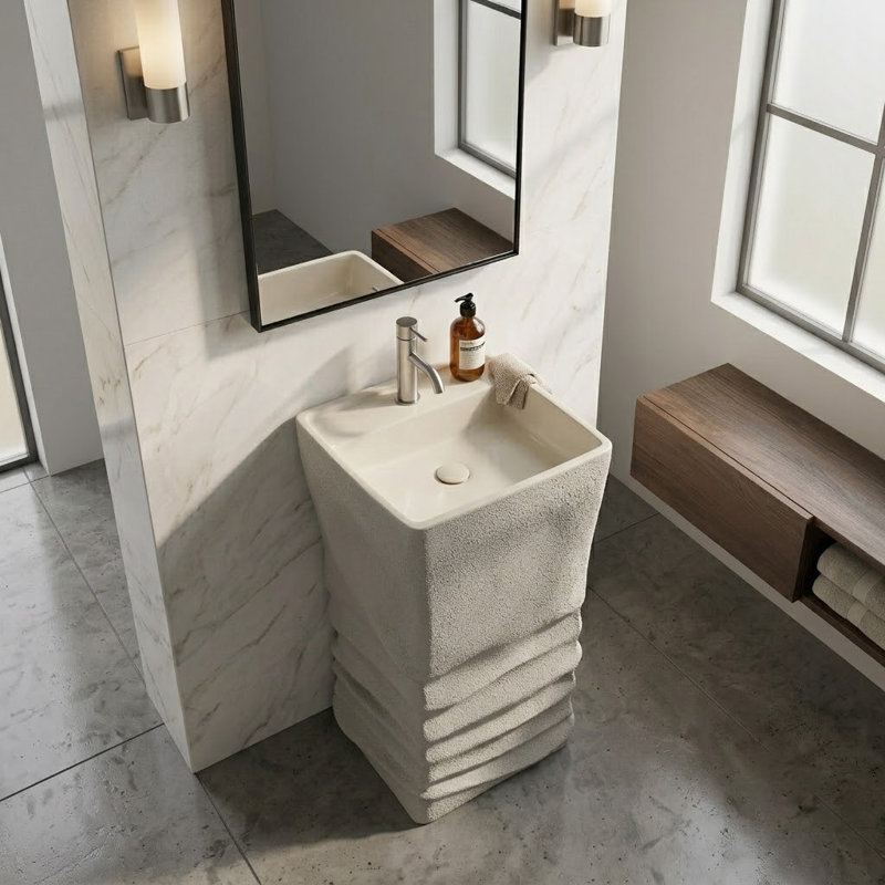 34" Rectangular Freestanding Engineered Stone Pedestal Bathroom Sink with Sculpted Rippled Finish