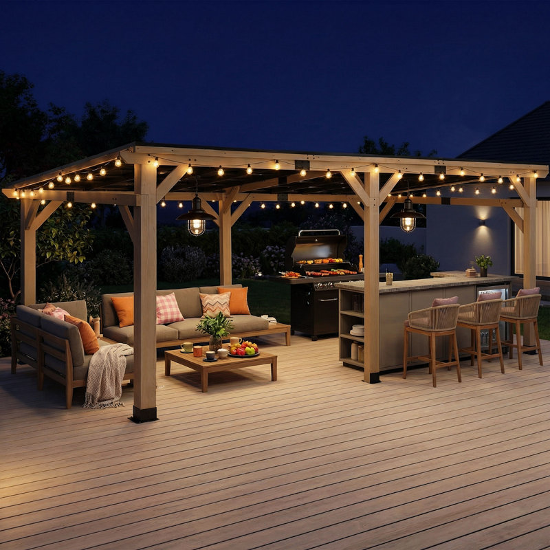 12Ft X 20Ft  Solid Wood  Rectangle Gazebo With Hardtop Steel Slope Roof