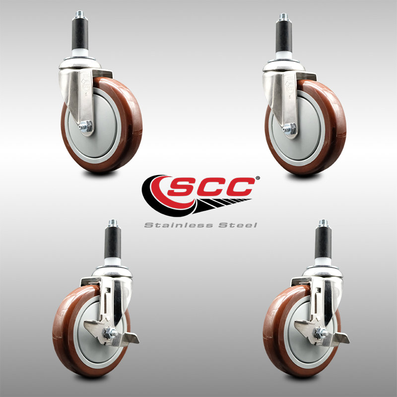 Ensemble de roulettes extensibles 5 pouces 1 1/8 po en poly 316SS pivotant 2 freins SCC, Marron