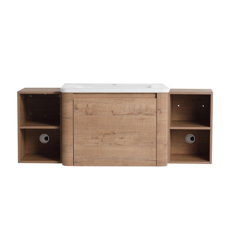 Meuble-lavabo mural 52 po avec lavabo en céramique blanche et tablettes de rangement et 1 porte à fermeture en douceur, emballage KD, contreplaqué