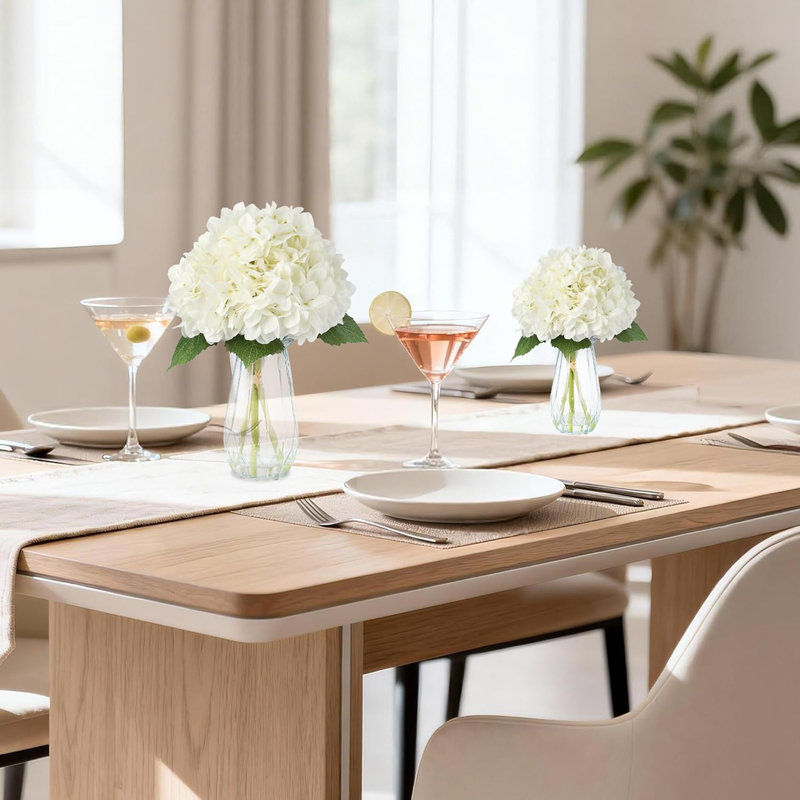 5 pièces Hortensia artificielle en soie dans un vase en verre avec de l'eau artificielle, centre de table blanc, Blanc