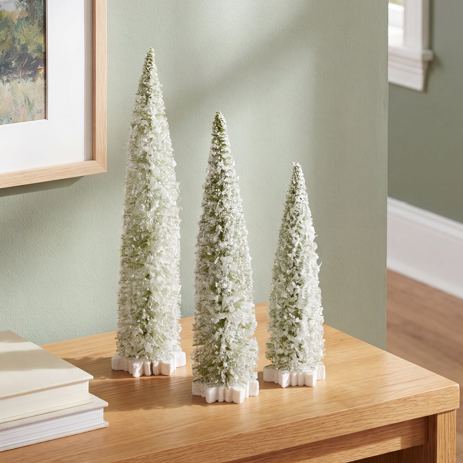 3-Piece Frosted Bottlebrush Tabletop Tree Set