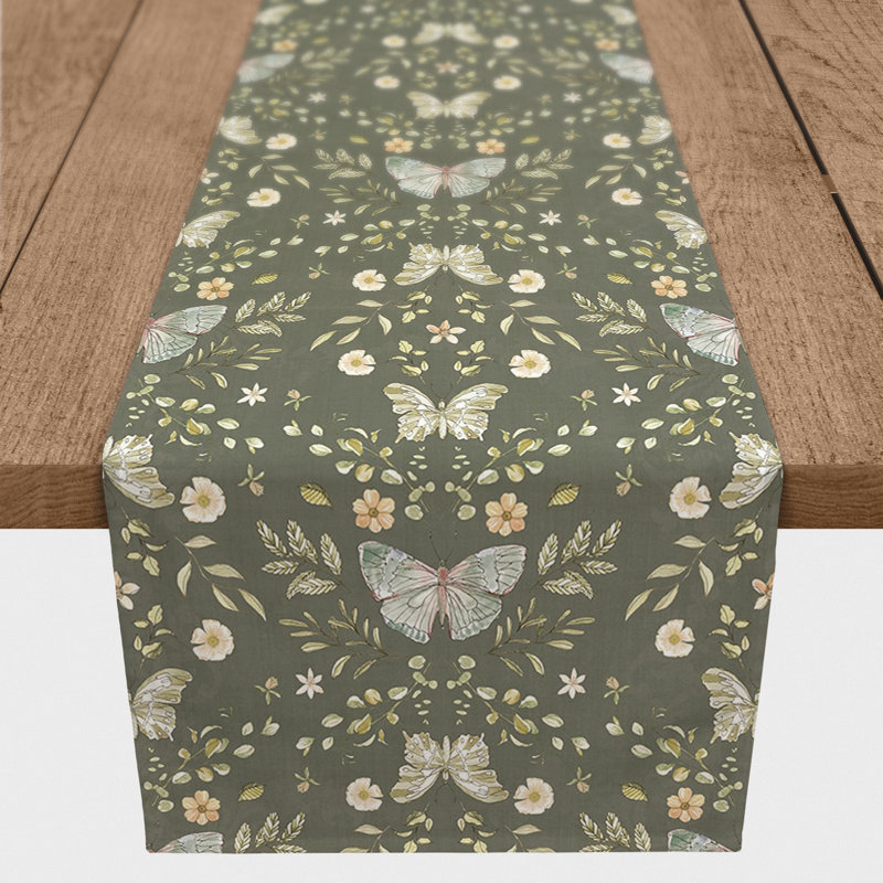 Anyela Rectangle Floral Polyester Table Runner, 90" L x 16" D, Forest Green