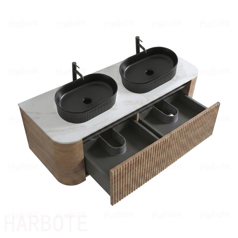 Meuble-lavabo de salle de bain avec lavabo, armoire murale miel avec porte-serviettes gratuit, conception de lavabos en céramique à rayures ovales doubles, sans drain et robinet, pré-assemblé